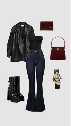 Italian Outfits Women Winter, 21 Year Old Outfits, Casual Nice Dinner Outfit, Casual Birthday Party Outfit, Black And Denim Outfits, Latina Winter Outfits, High Contrast Outfits, High Rise Jeans Outfit, Casual Party Outfits