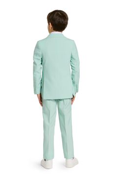 Crisp and smart, this pastel two-piece suit includes flat-front pants, a clip-on tie and traditional detailing to keep your child dapper at any occasion. All three pieces are machine-washable and look ready to wear right out of the dryer. Jacket has notched lapels; three-button cuffs; chest pocket; flap pockets; interior pocket; side vents Trousers have zip fly with hook-and-bar closure; slant pockets; back pockets Jacket is lined Unhemmed 100% polyester Machine wash, tumble dry Imported Solid Color Business Sets For Spring, Formal Single Button Sets For Spring, Formal Spring Sets With Single Button, Classic Single Button Spring Sets, Mint Green Tuxedo Men, Classic Tailored Sets For Spring, Semi-formal Notch Lapel Suits With Patch Pockets, Pastel Suit, Christmas Blazer