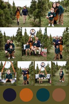 the family is posing for pictures in front of some trees