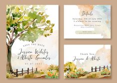 wedding cards with watercolor trees and fence