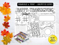 a thanksgiving coloring page with markers and fall leaves