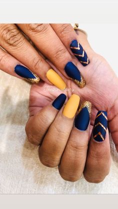 Colored Nail Designs, Blue And Yellow Nails, Teen Makeup, Nail Extensions Acrylic, Blue Gel Nails, Gold Acrylic Nails, Navy Nails