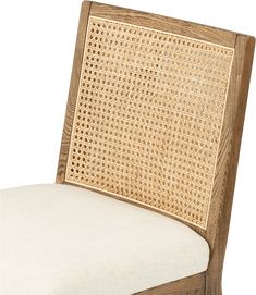 a close up of a wooden chair with a white cushion