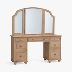 a wooden vanity with mirror and drawers on it's sides, against a white background