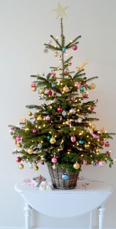 a small christmas tree in a wicker basket on a table with presents under it