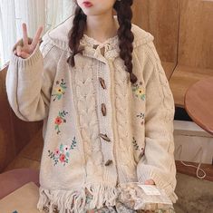 Timeless Sweater, Loose Knitwear, Tassel Sweater, Cottagecore Clothes, Versatile Sweater, Mori Girl Fashion, Forest Girl, Embroidered Cardigan, Beige Cardigan