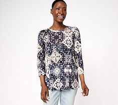 This printed mesh top makes an oh-so pretty pick-up for your casual days (and we love the versatility of the 3/4-length sleeves!). From LOGO by Lori Goldstein®. Fall Graphic Print Half-sleeve Tops, Relaxed Fit Printed Tops With 3/4 Sleeves, Printed Tops With Relaxed Fit And 3/4 Sleeve, Fall Printed Tops With 3/4 Sleeves, Summer 3/4 Sleeve Tops With Graphic Print, Spring Graphic Print Top With 3/4 Sleeves, 3/4 Sleeve Graphic Print Tops For Spring, Graphic Print Top With 3/4 Sleeves For Spring, Spring Tops With Graphic Print And 3/4 Sleeve