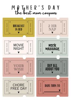 four movie tickets with the words mother's day in different colors and font on them