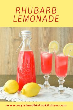 the recipe for rhubarb lemonade is shown in two glasses and one pitcher