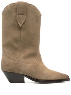 Duerto ankle boots from ISABEL MARANT featuring taupe brown, calf suede, calf leather, Western-style panelling, branded insole, double pull-tab at the opening, pointed toe, Cuban heel, leather sole and pull-on style. Heel 2 in / 5 cm; Platform 0,4 in / 1 cm Isabel Marant Boots, Boots Beige, Cuban Heels, Suede Leather Boots, Leather Cap, Brown Ankle Boots, Heeled Ankle Boots, Lanvin, Leather Ankle Boots