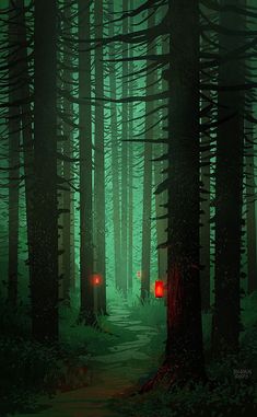 a red light in the middle of a forest with tall trees and green foliage on both sides