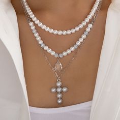 Attached layers Includes everything pictured Material: silver plated brass, crystals Length: 15" + 3" extension Cross Pendant size: 0.95" x 1.25" IMPORTED Pearl Cross Necklace, Pastel Necklace, Rectangle Necklace, Crystal Cross, Beaded Cross, Gold Cross Necklace, Gold Cross, Necklace Silver, Jewelry Care