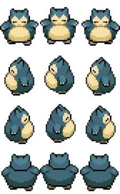 an image of different types of pokemons in pixel art style, including blue and yellow