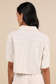 You'll always get compliments on your style in the Lulus Enviably Breezy Beige Striped Linen Short Sleeve Button-Up Top! Lightweight, linen-blend woven fabric boasts a chic striped design as it shapes this patchwork-inspired top that has short sleeves and a collared neckline. Seaming details lend a trendy effect to the bodice, which has a functional front button placket and two roomy patch pockets. Lightly cropped hem completes the look. Fit: This garment fits true to size. Length: Size medium m Linen Tops With Button Closure For Vacation, Linen Collared Tops With Buttons, Collared Linen Tops With Buttons, Summer Tops In Flax Color With Button Closure, Summer Flax Tops With Button Closure, Flax Top With Button Closure For Summer, Cream Linen Tops With Buttons, Cream Linen Top With Buttons, Flax Linen Top With Button Closure