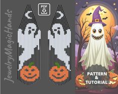 a pair of beaded halloween ghost and pumpkins