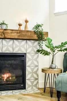 a living room with a fireplace and potted plants on the mantel above it