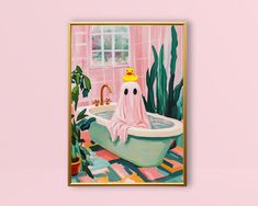 a painting of a bathtub with a crown on it and cactus in the background