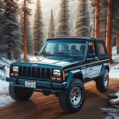 a jeep is parked on the side of a snowy road in front of pine trees