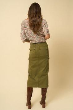 - 100% Cotton- Non-Stretch Denim- Color Cargo Skirt- Front Zipper Fly- 7 pocketsModel is wearing size S . Height 5'8Waist 28"Hip 36"Front Rise 30"Sweep 35" Style: Casual Print / Pattern: Olive Dye Wash Silhouette: Cargo Fit: Midi Embellishment: 7 Pockets Neck Line: N/A Sleeve: N/A Length: Midi Closure: Button Closure Lining: No Care Instructions: Machine Wash ColdSize Measurement (inch): S: 28.0 (Waist), 36.0 (Hips), null (Inseam), 30.0 (Length) M: 30.0 (Waist), 38.0 (Hips), null (Inseam), 30.2 Cargo Skirt Fit, Cargo Fit, Cargo Midi Skirt, Denim Color, Cute Blouses, Cargo Skirt, Cool Graphic Tees, Skirt Fits, Sheer Fabric