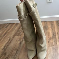 Wedge Heels Beige Suede Beige Leather Wedge Heel Boots, Chic Suede Wedge Boots, Shark Lock Boots, Heels Beige, Fold Over Boots, Fold Over, Wedge Heels, Wedges, Size 10