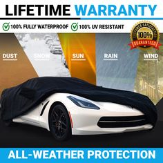 an all weather protection car cover is shown in front of a background with the words, life time warrant