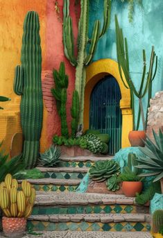 cactus and succulents in front of a colorful building