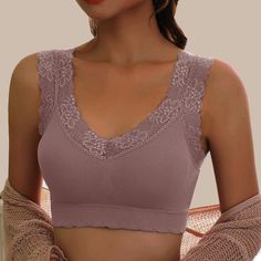 Women Fashion Lace Floral Edge Bralette Tops V-neck Sleeveless Tank Tops Crop Top Bra Ladies Camisole Vest Beauty Back Brassiere Femme Seamless Bra For Spring, Stretch V-neck Bra, Stretch Lace Trim Bra, V-neck Tank Top With Medium Bust Support, Stretch V-neck Camisole With Medium Bust Support, V-neck Camisole With Medium Bust Support, Top Bra, Crop Top Bra, Bralette Tops