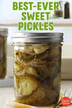 pickled vegetables in a jar with text overlay that reads best - ever sweet pickles