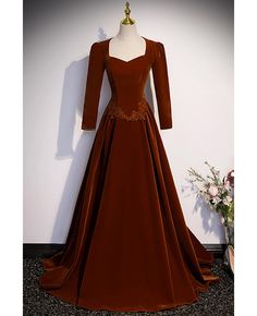 Get 10% off now! Buy modest long sleeved brown velvet evening dress with keyhole back at cheap price online. Free stable shipping and pro custom service since 2009. Boat Neckline Dress, Mermaid Gown Prom, Prom Dress Pictures, Velvet Evening Dress, Beaded Mermaid, Beaded Party Dress, Velvet Gown, Fantasy Gowns, Sequin Party Dress