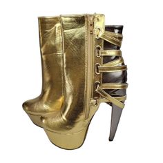 Mona Mia Amarante Gold Pewter Multiple Strap Banana Curved Heel Ankle Boot *New In Box Size: 5.5 Style No. Amarante Color: Silver/Gold Pewter Mona Mia Amarante Platform Heeled Bootie Gold & Pewter 2-Tone Faux Leather Upper Multiple Strap Design With Adjustable Buckles Side Zipper For Easy On/Off Smooth Lining, And Cushioned Foot-Bed. Approximately 6 Inch Curved Heel And 1.75 Inch Platforms Gold Ankle-high Boots For Evening, Glamorous Gold Ankle-high Heels, Gold Ankle Boot Heels For Evening, Gold Closed Toe Boots For Party, Glamorous Gold Ankle Boot Heels, Gold High Heel Boots For Night Out, White Platform Vans, Ankle Boot Heels, Pink Platform Shoes