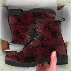 Combat Boots Red Rose Skulls Vegan Leather Boots, Mother's Daty Gifts for Her Custom Girls Shoes Casual Boots    All of our Men's and Women's Faux Leather Boots are custom-made-to-order and handcrafted to the highest quality standards.  * Our unique designs are second to none. When is the last time you walked into a shoe store and found affordable boots in so many different, phenomenal designs.  * When you're wearing these boots the complements won't stop. Our boots complement your personality.. Red And Black Combat Boots, Rose Boots, Hazbin Oc, Vegan Leather Boots, Cute Shoes Heels, Dark Wedding, Custom Boots, Black Combat Boots, Faux Leather Boots