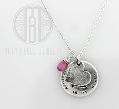 Fingerprint and actual handwriting memorial keepsake necklace with choice of birthstone - Maya Belle Jewelry Stamped Sterling Silver Heart Pendant Necklace, Custom Engraved Sterling Silver Necklace With Heart Pendant, Custom Sterling Silver Necklace With Engraved Heart Pendant, Custom Engraved Sterling Silver Heart Pendant Necklace, Customizable Heart Pendant Jewelry For Keepsake, Customizable Silver Jewelry For Keepsakes, Engraved Heart Pendant Jewelry For Keepsake, Engraved Heart Pendant Jewelry Keepsake, Silver Hand Stamped Heart Necklace For Anniversary