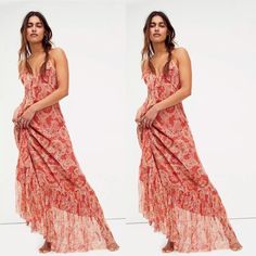 Questions? Leave A Comment Below! Last Pic Is Loveshackfwncy-Same Vibe Bohemian Orange Maxi Dress With Ruffles, Gold Orange, Orange Gold, Free People Dresses, Free People Dress, Leave A Comment, Free People, Maxi Dress, Silk