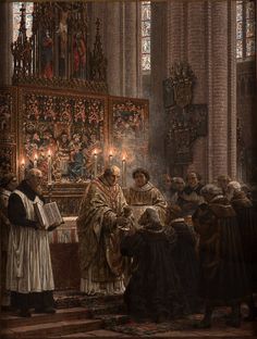 an image of a painting of people at a priest's meeting in a church