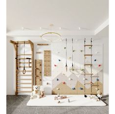 a child's playroom with climbing wall, ladders and toys on the floor