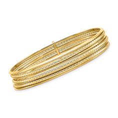 Ross-Simons - Italian 14kt Yellow Gold Multi-Row Twisted Bangle Bracelet. 7.5". The simplest way to wear a stack! Our 14kt yellow gold twisted bangle bracelet gives the look of many in one stylish multi-row statement. Made in Italy. 5/8" wide. Slip-on, 14kt yellow gold multi-row bangle bracelet. Stackable Yellow Gold Bracelet, Gold Stackable Bracelet In Fine Jewelry Style, Gold Stackable Bracelet Fine Jewelry, Stackable Gold Bracelet In Fine Jewelry Style, 14k Yellow Gold Stackable Bracelet, Diamond Anklet, Italian Gold Jewelry, Mixed Metal Bracelets, Pearl Bracelet Gold