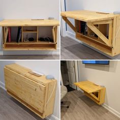 four different views of a wooden table with drawers and shelves on the top, bottom, and bottom