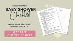 a baby shower checklist with the text free printable, grab your free baby shower checklist