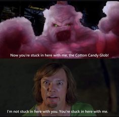 a man with long hair and green eyes in front of a pink cloud that says, now you're stuck in here with me, the cotton candy glob