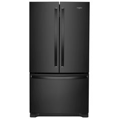 a black refrigerator freezer sitting in front of a white background with the door open