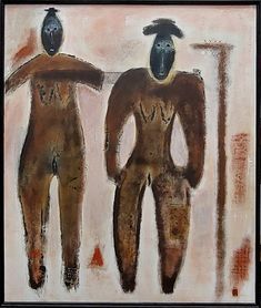 an abstract painting with two people standing next to each other