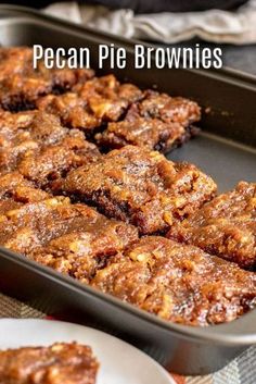 pecan pie brownies in a baking pan with the words pecan pie brownies