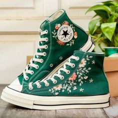 Embroidered Shoes, Flower Embroidered Converse for Women, Green Sneakers Embroidery Flower, Floral Embroidered Shoes, Birthday Gifts, Unique Gifts for Her 💚 Immerse yourself in the intricate craftsmanship as we lovingly hand embroider rustic flowers onto your chosen Converse pair 💚 🌿 The listed price encompasses both the Converse Shoes and the showcased Embroidery Designs. 1. MANUFACTURING PROCEDURE 🌿 Upon receiving your order, we initiate the shoe preparation process. If your chosen shoes a Spring Sneakers With Floral Embroidery, Green Converse Embroidery, Converse For Women, Converse Chuck 70s, Converse Embroidery, Cute Converse Shoes, Embroidered Converse, Cute Converse, Preppy Shoes