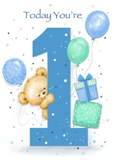 a birthday card with a teddy bear and presents on it's first number one