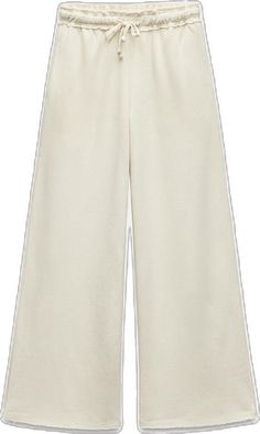 Casual Beige Bottoms With Ribbed Waistband, Chic High-waisted Solid Sweatpants, Chic Wide Leg Solid Color Sweatpants, Cream Wide Leg Pants With Elastic Waistband For Spring, Beige Wide Leg Pull-on Bottoms, Chic Wide Leg Pants With Ribbed Waistband, Beige High Waist Relaxed Fit Sweatpants, High Waist Beige Relaxed Fit Sweatpants, Chic White Bottoms With Pull-on Style