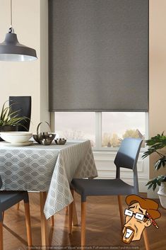 an image of a dining room setting with grey roller shades on the windowsills