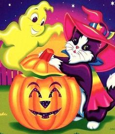 a cat dressed up as a witch with a jack - o'- lantern and a ghost