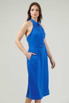 Create a cool look on the spot with the Rina Linen Halter Midi Dress! A nice dress that has a collared neck along with button down details in the front, sleeveless, and a belt around the waist. The open back makes is look more pretty and the pockets are convenient. Pick your favorite heels and you’re ready to go! - Halter- Belted- Pockets- Open back - Comes in 2 colorsSize + Fit - Model is 5'8" and wearing size XS- Measurements taken from size S - Chest: 19"- Length: 44 1/2" Fabric Self:70% Poly Chic Belted Dress With Buttons, Collared Summer Dresses For Work, Collared Dresses For Summer Workwear, Collared Summer Work Dresses, Casual Summer Belted Dress With Buttons, Casual Belted Dress With Buttons For Summer, Collared Summer Workwear Dresses, Chic Sleeveless Belted Dress For Daywear, Chic Collared Dress For Daywear