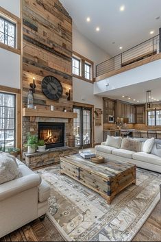 a living room filled with furniture and a large clock mounted to the side of a wall