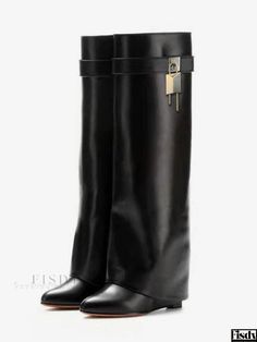 Fisdy - Premium Wide Calf Womens Wedge Boots - Elegante negro, puntera en punta, cierre seguro, doblar sobre la rodilla de alto diseño Womens Wedge Boots, Knee High Wedge Boots, Winter Heels, Pu Boots, Knee Length Boots, Bodysuit Blouse, High Wedges, Estilo Chic, Womens Knee High Boots